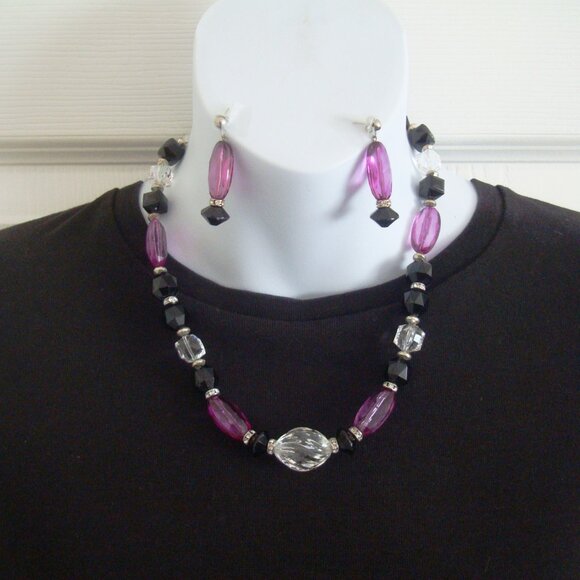 Necklace & Earrings Set Purple-Pink, Clear and Black Beads Diamante Spacers - Picture 2 of 9